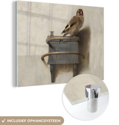 MuchoWow® Glasschilderij 160x120 cm - Schilderij acrylglas - Puttertje - Oude Meester - Carel Fabritius - Foto op glas - Schilderijen