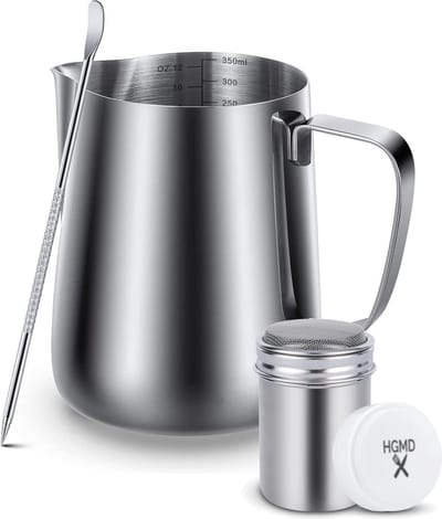 HGMD Melkkan 350ml - Melkkannetje opschuim - Melkopschuimkan - Milk Pitcher - Melkkannetje - Inclusief Art Pen & Strooipotje - Latte Art - RVS
