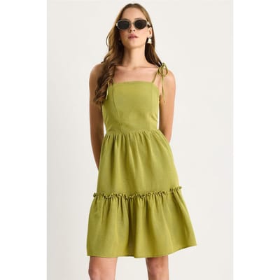 Vierkante Halslijn A-Form Midi Dress met Binddetails