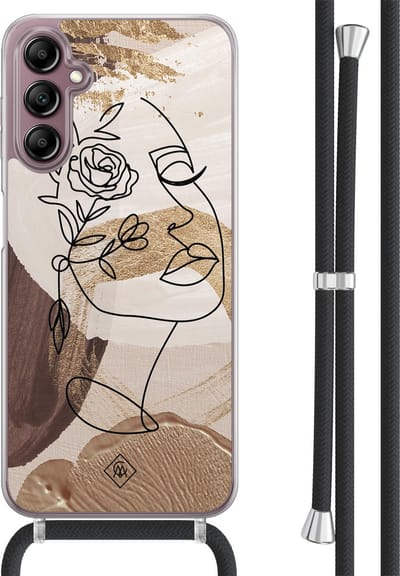 Casimoda® hoesje met koord - Geschikt voor Samsung A14 - Abstract Gezicht Bruin - Afneembaar koord - TPU/acryl - Bruin/beige