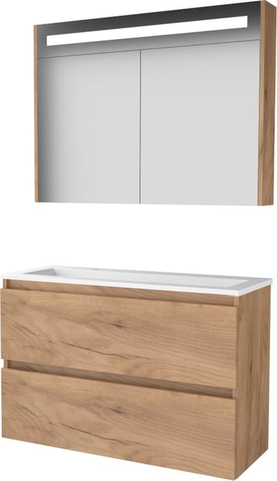 Basic Premium 39 badmeubelset met spiegelkast met geïntegreerde LED verlichting, greeploze wastafelonderkast met 2 lades en acryl wastafel met 2