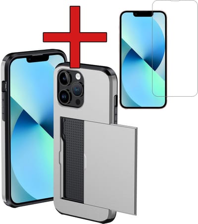 Hoesje Geschikt voor iPhone 14 Pro Hoesje Met Pasjeshouder Hard Case Met Kaarthouder Met Screenprotector - Hoes Geschikt voor iPhone 14 Pro Hoesje Pashouder Case - Grijs