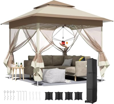 Jessi Store - Partytent - Paviljoen - Tuinpaviljoen - Opvouwbaar - 4 Muskietennetten - Hoogte Verstelbaar - 333x333x291cm - Bruin