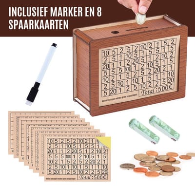 Nederlandse Spaarpot met teller van hout - spaardoel €500 €1000 €2000 €3000 €5000 €10000 - 8-delige NL spaarpot met Nederlandse kaarten voor kinderen en volwassenen