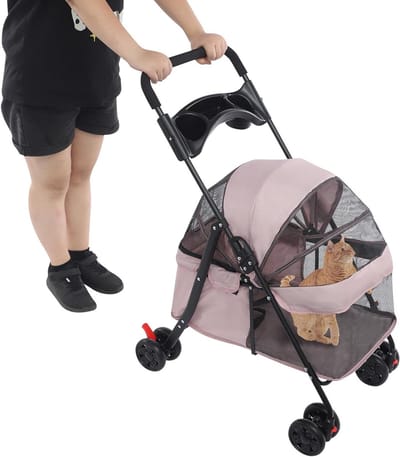 Opvouwbare Huisdierwagen - Dierenbuggy Reizen - Comfortabel Vervoer - Uitstekend Ademend Vermogen - Tot 18 kg - Grijs Roze