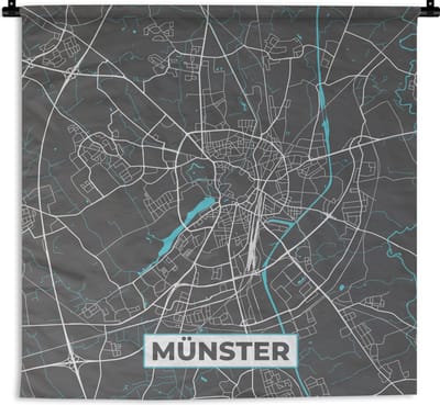 Wandkleed - Wanddoek - Stadskaart – Kaart – Münster – Blauw – Duitsland – Plattegrond - 180x180 cm - Wandtapijt