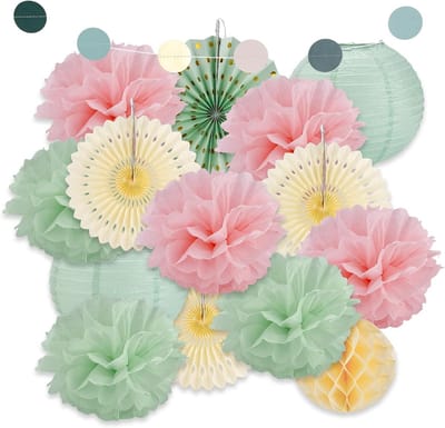 Papieren Decoraties Set - Feestdecoratie Hangend - Feestelijke Aankleding - Verschillende Stijlen - 15 Stuks - Saliegroen en Roze
