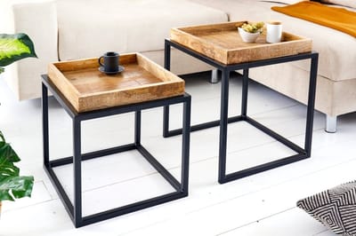 industrieele bijzettafel set van 2 SERVITEUR 45 cm metalen salontafel van natuurlijk mangohout - 42575