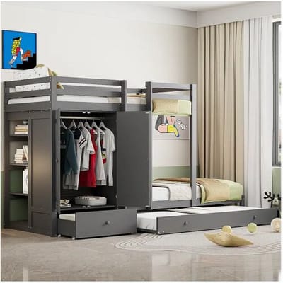Merax Stapelbedden 2 x 90 x 200 cm met onderschuifbed 190 x 90 cm - Kledingkast, lade en opbergplanken - Grenenhout en MDF - Grijze kleur
