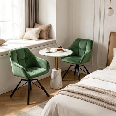 Draaibare Eetkamerstoelen - Set van 2 -Brede Keukenstoelen - Comfortabele Eetstoel - Stoelen met Zachte Rugleuning - Moderne Keukenstoel - Draaistoel - Gestoffeerde Stoelen - Woonkamer Stoel - donkergroen