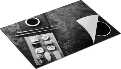 Chefcare Inductie Beschermer Sushi met Soja Saus op een Marmer - Zwart Wit - 75x50 cm - Afdekplaat Inductie - Kookplaat Beschermer - Inductie Mat