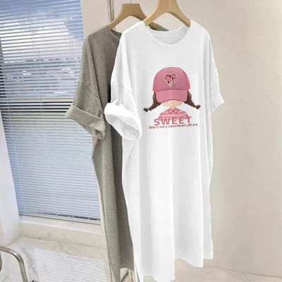 Zomer Losse Koreaanse Versie Puur Katoen T-shirt Dames Grote Maat Lange Casual Rok Retro Top M white