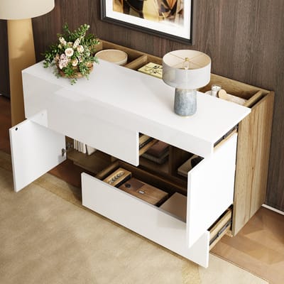 MODENUIT Dressoir - Ledverlichting En 2 Laden - Voor Woonkamer En Opbergen - Spaanplaat Wit - 120x37x76,5 Cm
