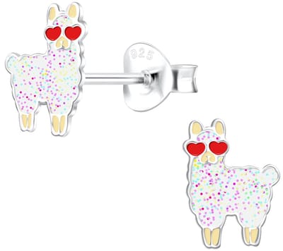 Joy|S - Zilveren Alpaca Lama oorbellen - 6 x 8 mm - glitter wit met rode hartjes bril - sterling zilver 925 - kinderoorbellen