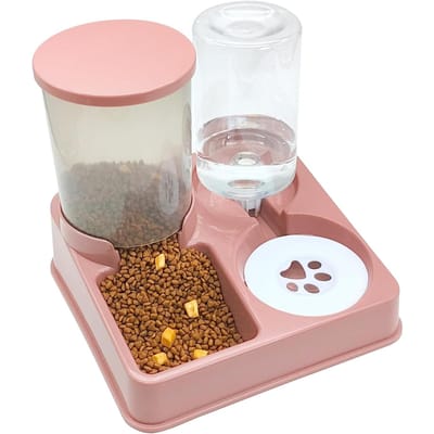 Automatische waterdispenserset voor kattenvoer, 2 in 1 gekantelde automatische voer- en watertoevoer voor huisdieren, zwaartekrachtvoer en waterbak M gray