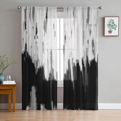 Zwart Olieverf Abstract Geometrische Textuur Slaapkamer Transparante Vitrage Gordijnen Feestdecoratie Raam Voile Tule Gordijn 135W x 114H(cm) black