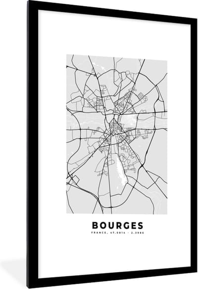 Fotolijst incl. Poster - Kaart - Stadskaart - Bourges - Plattegrond - Frankrijk - 60x90 cm - Posterlijst