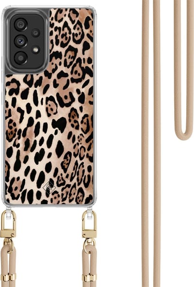 Casimoda® hoesje met koord - Geschikt voor Samsung A53 - Luipaard print bruin - Afneembaar koord - TPU/polycarbonaat - Bruin/beige