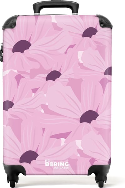 NoBoringSuitcases.com® - Handbagage koffer lichtgewicht - Reiskoffer trolley - Roze met paarse bloemen - Rolkoffer met wieltjes - Past binnen 55x40x20 en 55x35x25