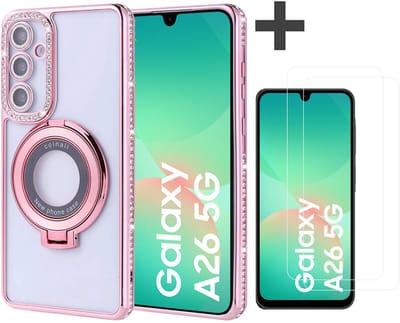 Hoesje met Ringhouder Geschikt voor Samsung Galaxy A26 met Diamant Glitters en 2 Stuks Gehard Glas Screenprotector – Arara Backcover - Rosegoud