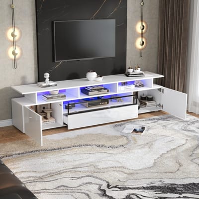 Wishdor Tv-Meubel - Hoogglans Front - Met Ledverlichting - 2 Kasten En 1 Lade - Spaanplaat - Wit - 180 X 38 X 45 Cm