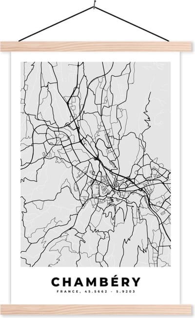 Posterhanger incl. Poster 40x60 cm - Schoolplaat - Stadskaart – Frankrijk – Kaart – Chambéry – Plattegrond - Textielposter - Blanke latten - Stadskaart