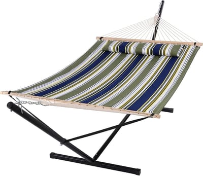 Dubbele hangmat voor 2 personen met staal standaard - Inclusief gewatteerd bed en kussen - Blauw en Aqua