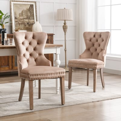 Clruro Eetkamerstoelen - Set van 2 - Deurklopper & Nagelkop - Massief Houten Poten - Fluweel - Bruin