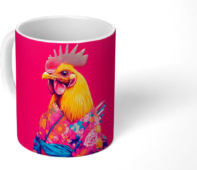 Mok - Koffiemok - Haan - Kleurrijk - Kimono - Roze - Mokken - 350 ML - Beker - Koffiemokken - Theemok