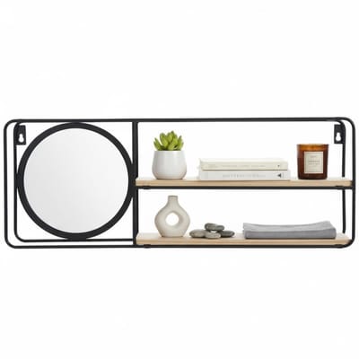 Lomera Wandrek Met Spiegel - 2 Planken - Mdf En Metaal - Wandrek Industrieel - Muurdecoratie - Rechthoekig Wandrek - Gang Of Hal - Woonkamer Decoratie - Slaapkamer Spiegel - Wand Rek - Hangkast - Wandplank