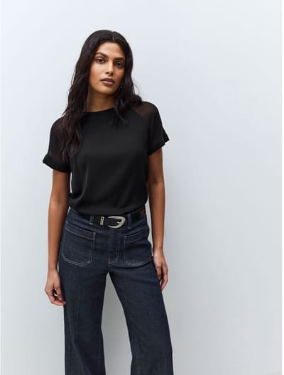 Next - Dames - T-shirt van geweven mix met korte raglanmouwen - Zwart