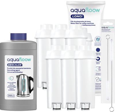 AquaFloow 6x Waterfilter voor DeLonghi Koffiemachine – Vervanging voor SER3017 DLSC002 – Inclusief Ontkalker 250 ml en Reinigingsborstel