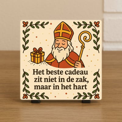 Spreuk Tegel 10,5x10,5cm – Sinterklaas – Het beste cadeau zit niet in de zak, maar in het hart – Trendy Nu –Decoratie – Zomaar