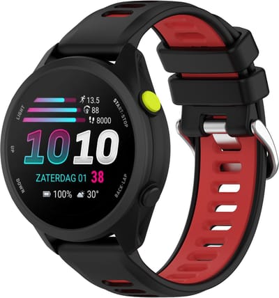 Stravo 20mm Quick Release Siliconen Sport Bandje – Geschikt voor Garmin Forerunner 70 / 170 / 55 / 165 / 245, Vivoactive 6 / 5 / 3, Venu SQ 2 en Samsung Galaxy Watch 7 / 6 / 5 / 4 – Tweekleurig Horlogebandje – Zwart / Rood