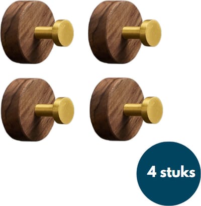 Kapstok haken hout - Walnoot met goud - Wandhaken - Wandkapstok - Zelfklevende haakjes - Plakhaakjes - Rond - Goud - 4 stuks