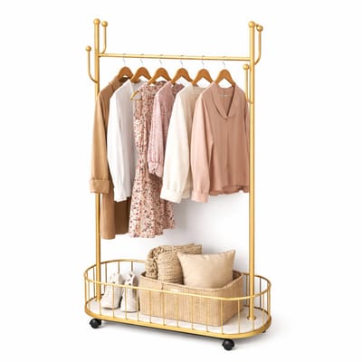 Luxaliving-kledinghangers hout - kledinghangers - Goud-Wit - Kapstok met opberg mand - Multifunctionele Kledingrek - Kleding Hanger met opbergmand -kledingrek op wieltjes - 170x80x32cm