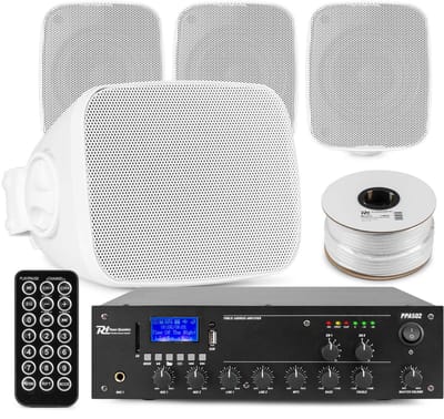 Power Dynamics set van 4 buiten speakers - 2-zone versterker met mini speakers - Bluetooth - Wit