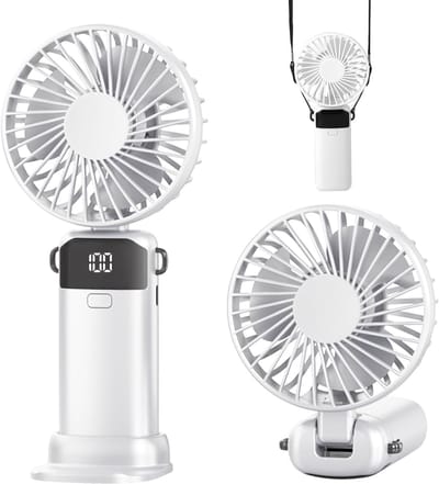 Ventilator - Handventilator - Mini ventilator - Handventilator oplaadbaar - Draagbare handventilator - Met USB-oplaadbare - 5 snelheden - Op batterijen werkende - Met LED-display en voet - Voor thuis - Kantoor - School - Reizen en buiten - Wit