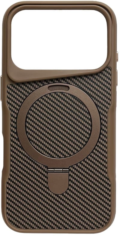 Hoesje Geschikt voor Apple iPhone 17 Pro - Goud - Geschikt voor MagSafe - Luxe Casemania Carbon Back Cover met Kickstand Ring en Verhoogde Camera Veiligheidsranden