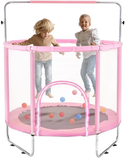 55" Kindertrampoline, 4,6 Voet Indoor Outdoor Mini-Kindertrampoline met Veiligheidsnet En Basketbalring, voor Kinderen Vanaf 3 Jaar, Roze