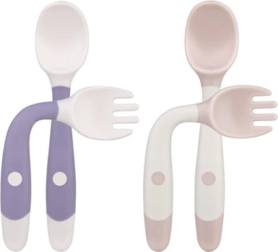 Set van 4 Baby Bestek met Lepel en Vork van Siliconen voor Zelf Voeden, Makkelijk Vast te Houden, Ideaal voor Peuters en Baby's tijdens het Leren Eten