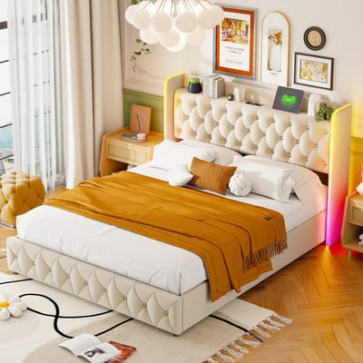 Gestoffeerd bed 160x200cm met LED-verlichting, USB- en Type-C-oplaadpoorten, modern tweepersoonsbed, kinderbed, fluwelen stof, beige, zonder matras