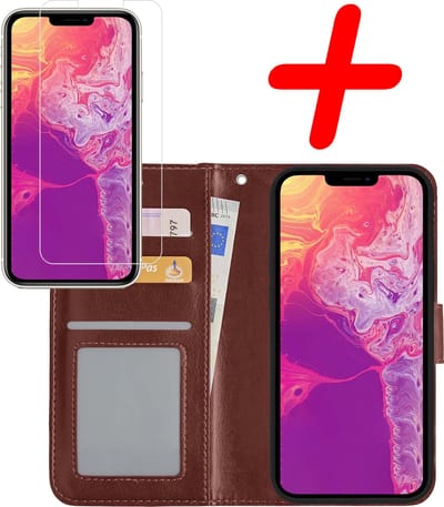 Hoesje Met Screenprotector - Geschikt voor Apple iPhone 13 - Luxe Pasjeshouder - Bookcase Portemonee - Flip Case - Kunstleer Book Case - Flipcase - Book Cover - Walletcase - Portemonneehoes - Bruin