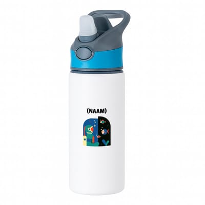 Hacebo® - Duiken met eigen naam waterfles met rietje blauw - Zwemmen - Duiker - Sport - water fles - 650ML