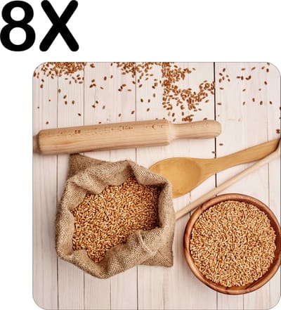 Luxe Placemat - Natuurlijke Ingredienten met Houten Keukengerei - Set van 8 Placemats - 50x50 cm - 2 mm dik Vinyl - Anti Slip - Afneembaar
