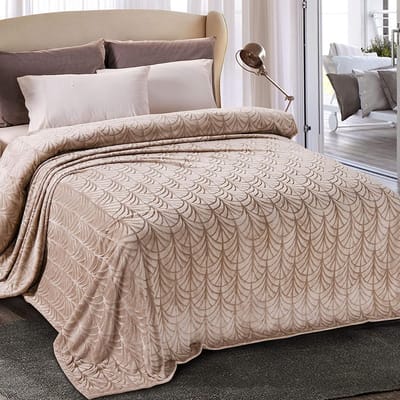 Fleecedeken - Zachte sprei - Gezellig thuis - Bladpatroon design - 230 x 270 cm - Champagne