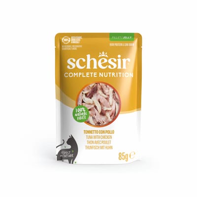 Voordeelpakket: 24x85g Schesir Complete Nutrition filet in gelei tonijn met kip natvoer voor katten