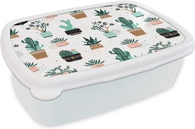 Broodtrommel Wit - Lunchbox - Brooddoos - Patronen - Cactus - Planten - 18x12x6 cm - Volwassenen