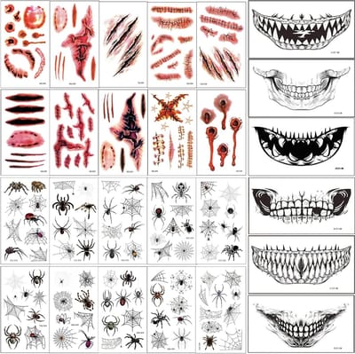 Creepy Halloween Tatoeages voor Kostuums, 26 Bladen met Nepwonden, Spin, Skelet en Vampier Make-up Accessoires