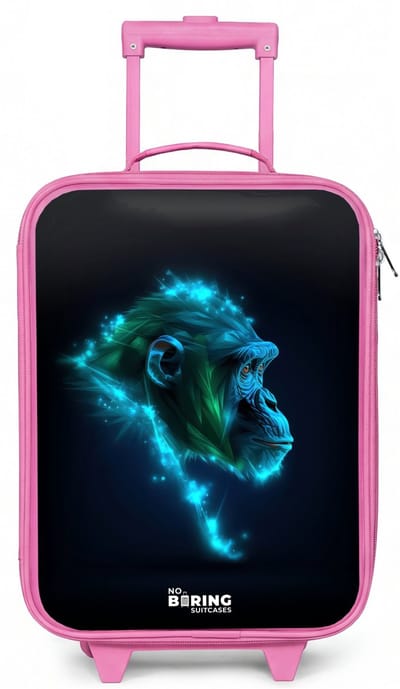 NoBoringSuitcases.com® - Kinderkoffer roze - Kindertrolley meisje - Neon silhouet van een chimpansee - Koffer kind lichtgewicht - Reiskoffer trolley voor kinderen - Koffertje met lichtgevende wieltjes - Rolkoffer